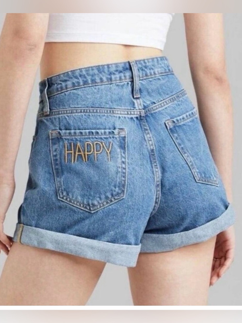 Wild Fable Embroidered High Rise Jean Denim Mom Shorts Rolled Cuff Happy 24/00